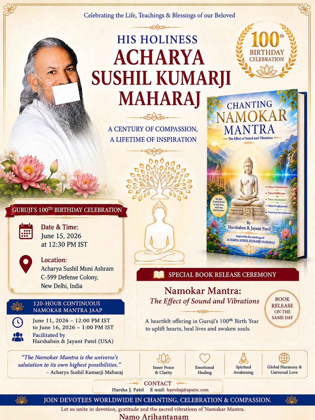 Centenary celebration flyer for Acharya Sushil Kumarji Maharaj and book release